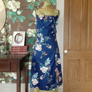 Womens Navy Blue Floral Slip Dress Size S Spaghetti Strap Cowl Neck Midi